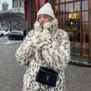 Womens Winter Faux Fox Fur Long Coat Leopard Print Loose Fit Street Style