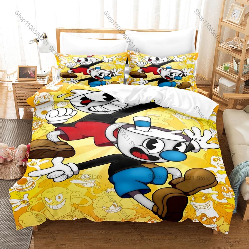 Kawaii Cuphead and Mugman Pattern Bedding Set 3 Piece Duvet Cover with Pillowcase for Kids Adults Bedroom Decor