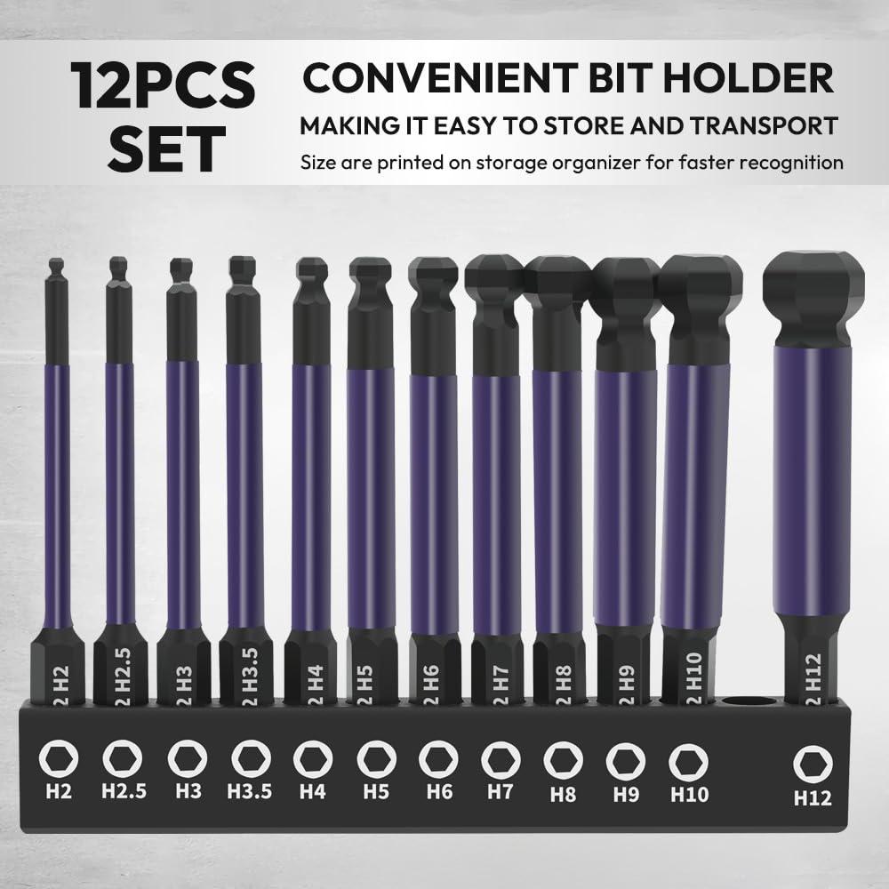 12Pcs Hex Ball End Screwdriver Bits 1/4 Inch Shank S2 Alloy Steel Screwdriver Bits Set