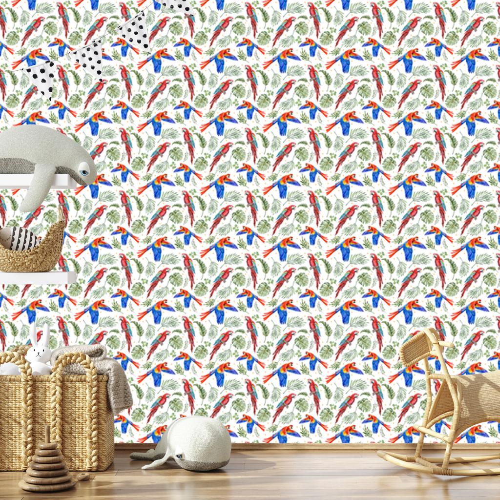 Parrot Wallpaper White, Light Gray and Lime for Living Room and Bedroom 50x1000