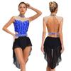 Womens Dance Leotard Mock Neck Sleeveless Shiny Rhinestones Color Block Mesh Skirted Bodysuit