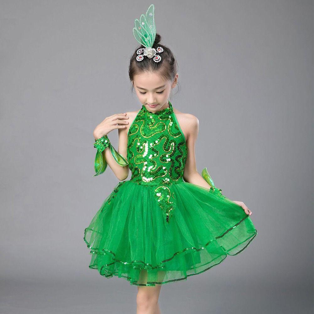 Green Sequin Children Ballet Dance Dress with Headwear Wristband Puffy Dress Kids Girls