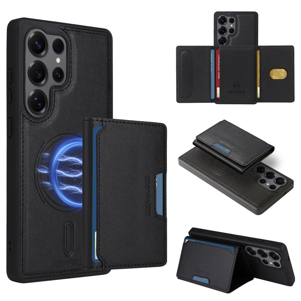 For Samsung Galaxy S25 Ultra Magnetic Case BETOPNICE Leather Phone Cover Kickstand with Detachable Card Bag