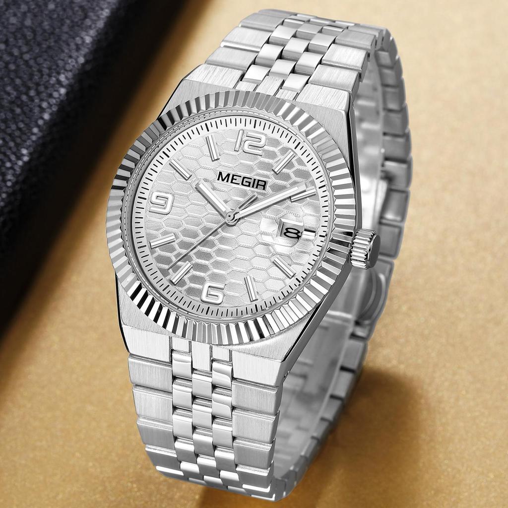 Megir Часы мужские наручные с большим циферблатом, деловые, для отдыха, из нержавеющей стали, водонепроницаемые, люминесцентные, с автодатой, подарок для мужчин, Reloj Hombre 1101