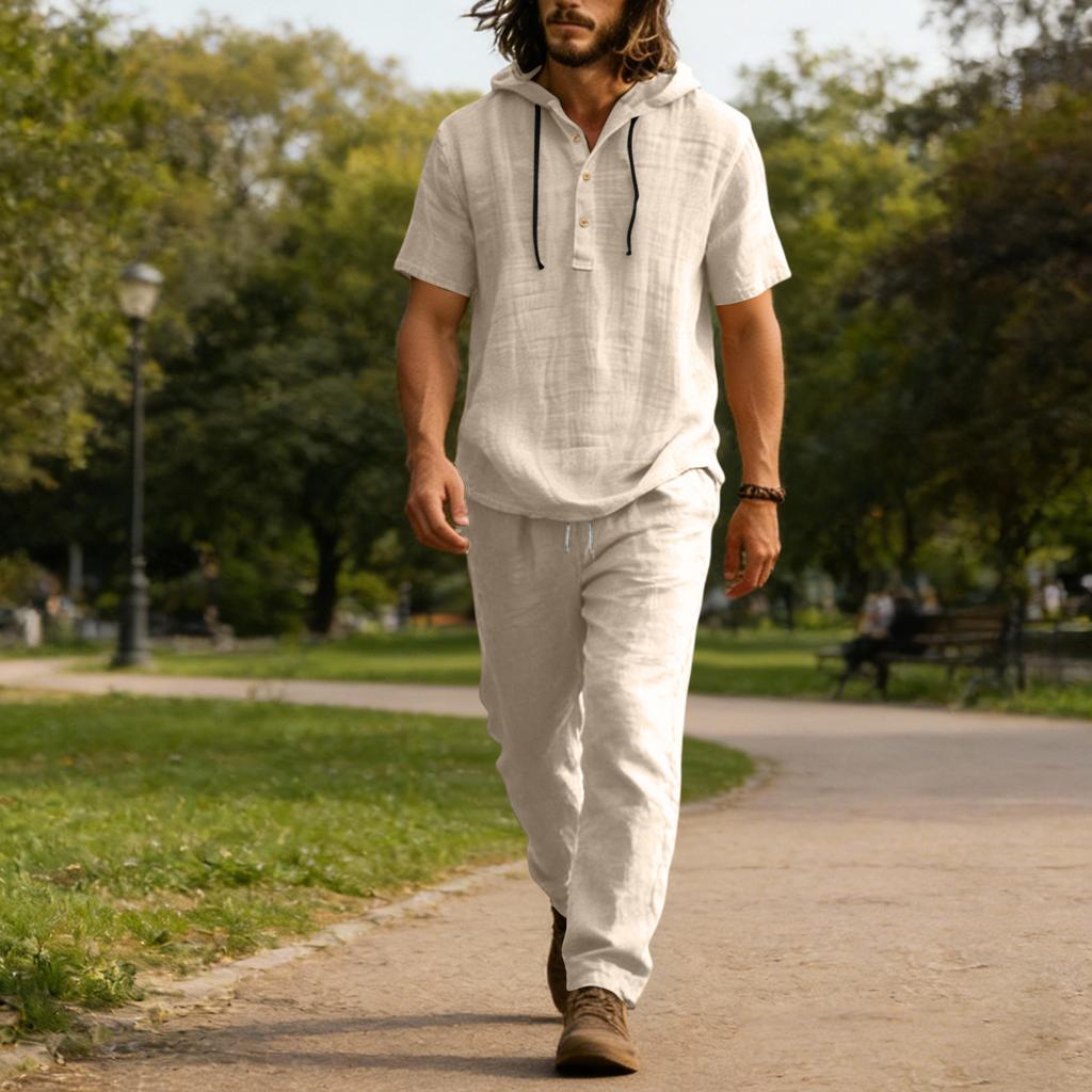 Мужской повседневный льняной комплект, Рубашка на пуговицах, Брюки с эластичным поясом и кулиской, Свободные, Удобный комплект из двух предметов