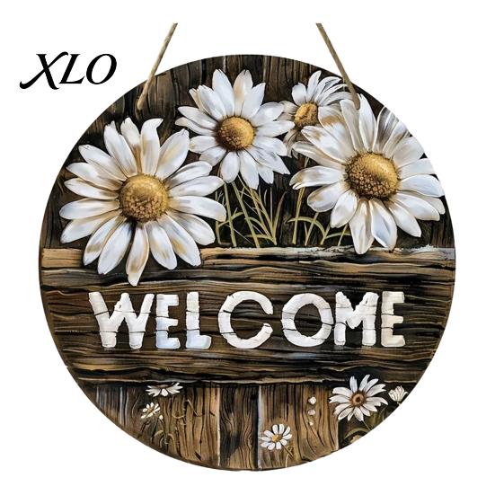 Spring Home Decoration Wooden Daisy Welcome Sign for Front Door, Rustic Farmhouse Hanging Wall Decor Door Hanger with Hemp Rope, Wood Plaque Entrance