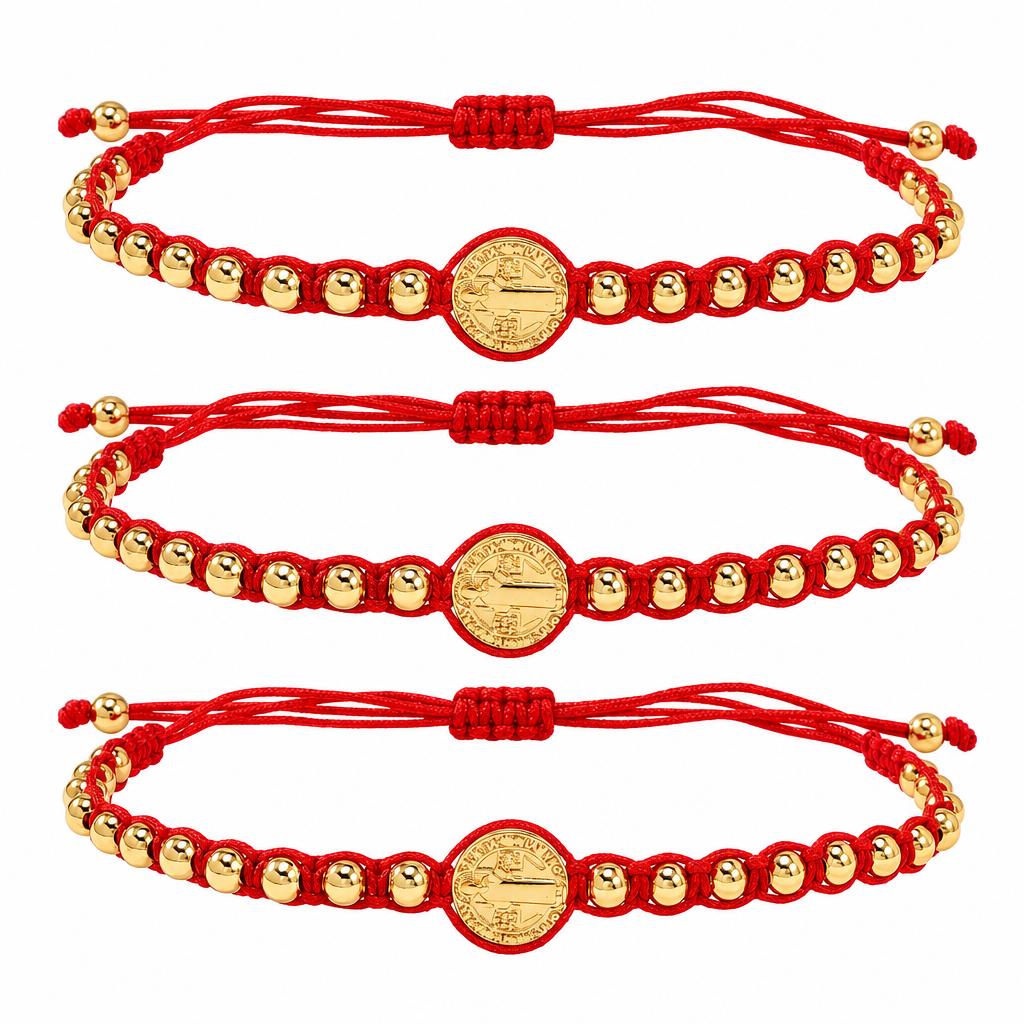Go2boho Beaded Bracelet Red Cord Gold Ball Beads 18K Gold Plated Brass Catholic Medal Religious Gift Jewelry