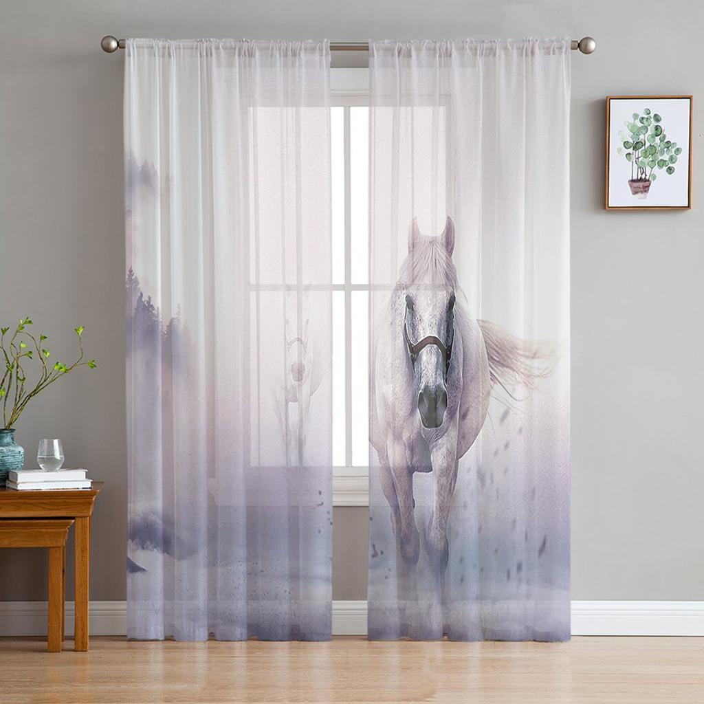 Animal Horse Snow Scene Tulle Voile Curtains For Bedroom Space Space Window Curtain For Living Room Sheer Drapes Shades Organza Drapes Decor