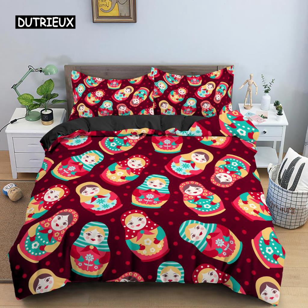 Русский Матрешка Пододеяльник Комплект из микрофибры Милый Узор Одеяло Покрывало Русский Экзотический Стиль Для Детей Подростков Двойной Королевский Размер