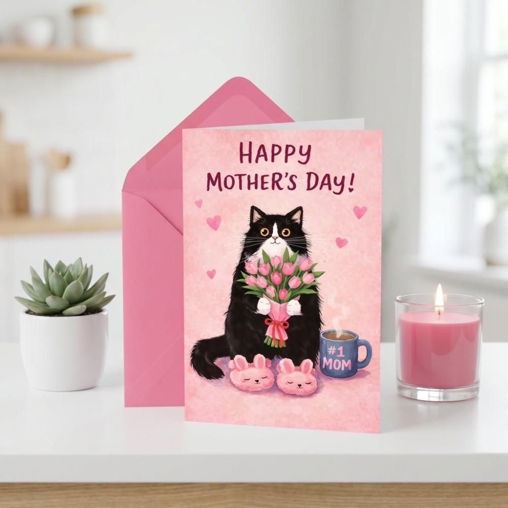 Cats Holding Pink Tulips Mother's Day Greeting Card Blessing Message Whimsical Card Wedding Decor