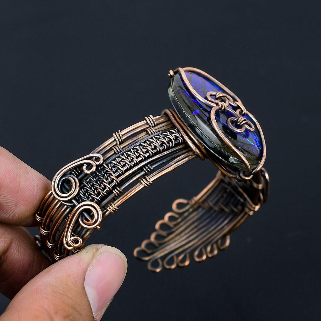 Синий австралийский тройной опал, драгоценный камень, чистая медная проволока, обернутая вручную, манжета/браслет, ювелирные изделия