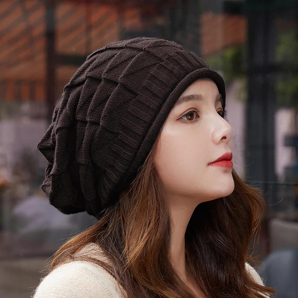 Knit Beanie Winter Hat Thermal Thick Polar Fleece Snow Skull Cap for Men and Women Autumn Hat Plus Velvet Wheat Knitted Hat