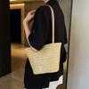 Woven Straw Bucket Bag Solid Color Shoulder Bag Portable Summer Beach Tote  Streetwear