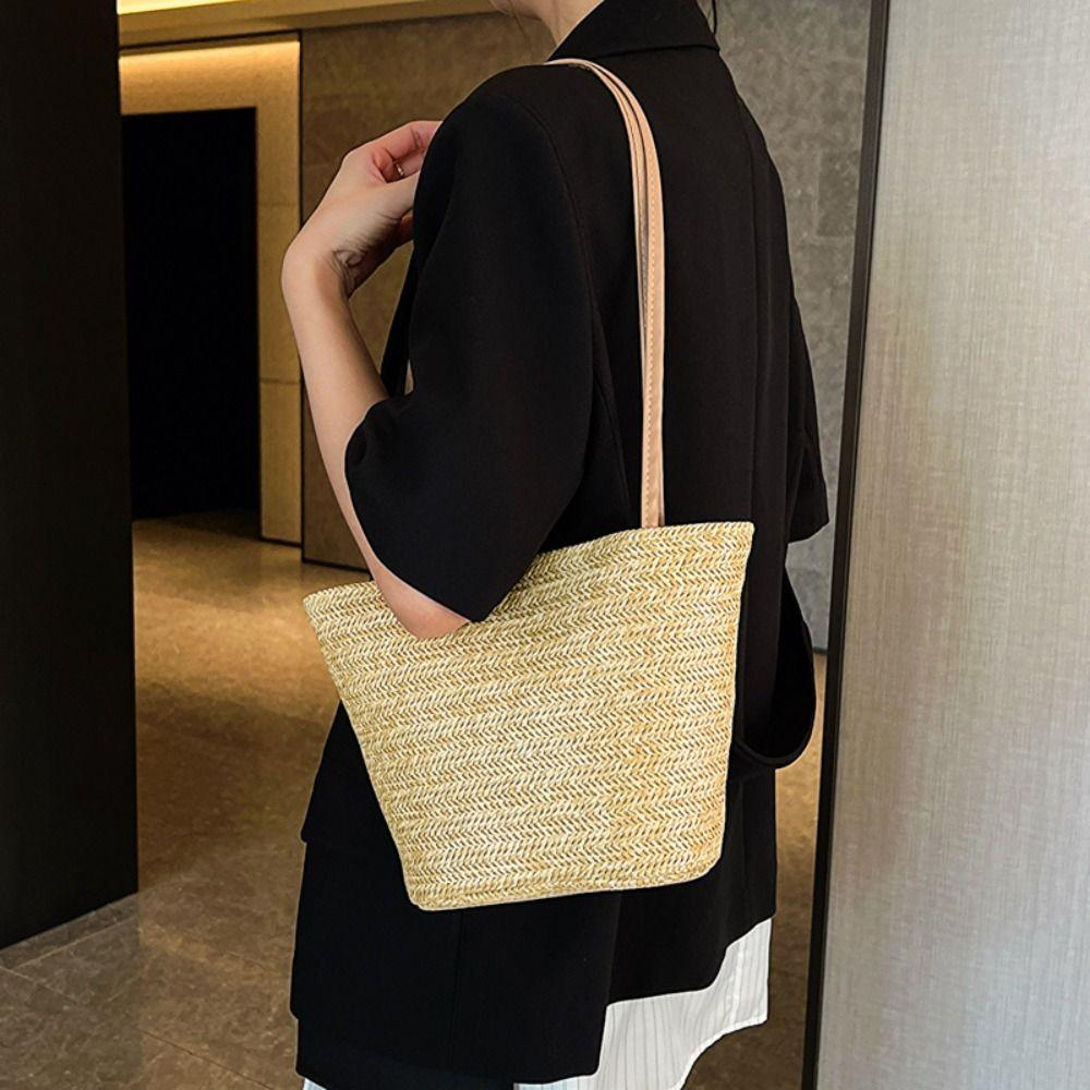 Woven Straw Bucket Bag Solid Color Shoulder Bag Portable Summer Beach Tote Streetwear