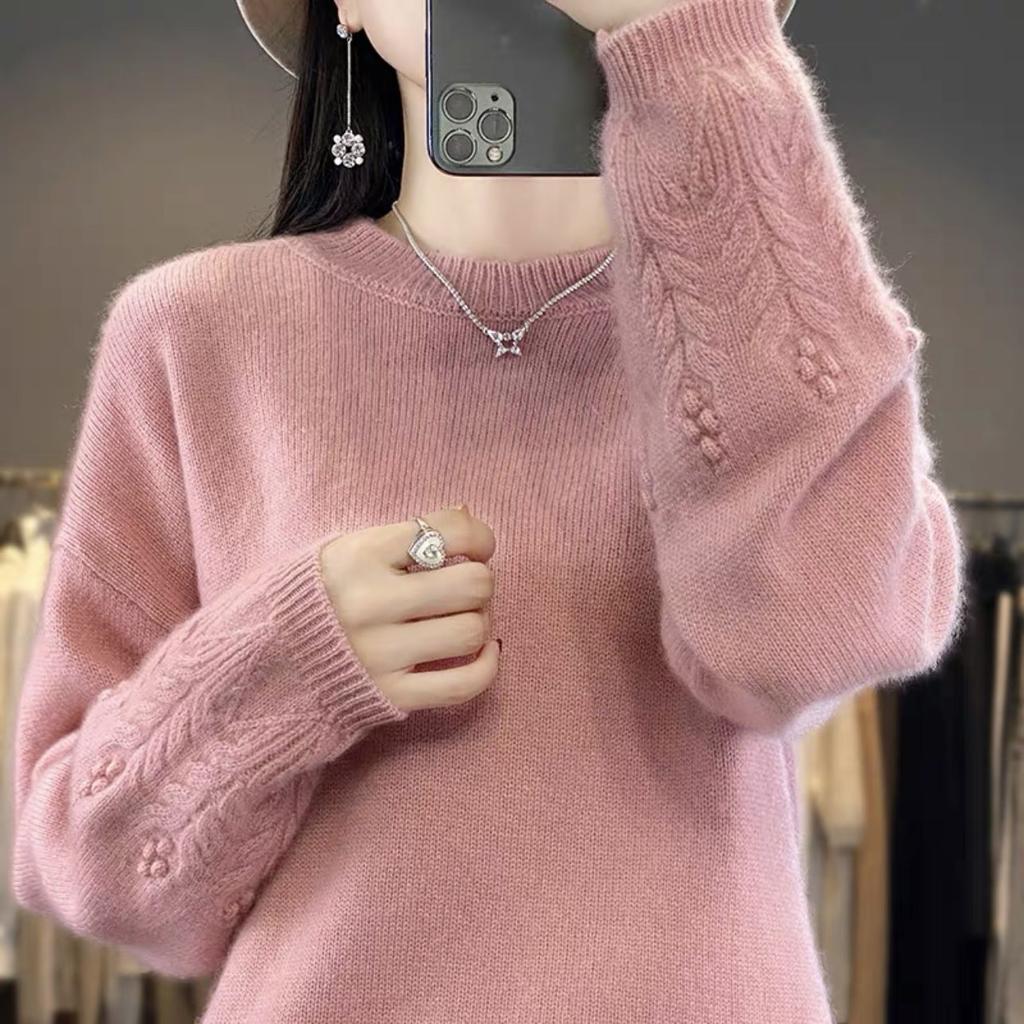 Autumn and Winter Round Neck Sweater for Women Solid Color Loose Jacquard Soft Glutinous Knitted Base Sweater and Pullover