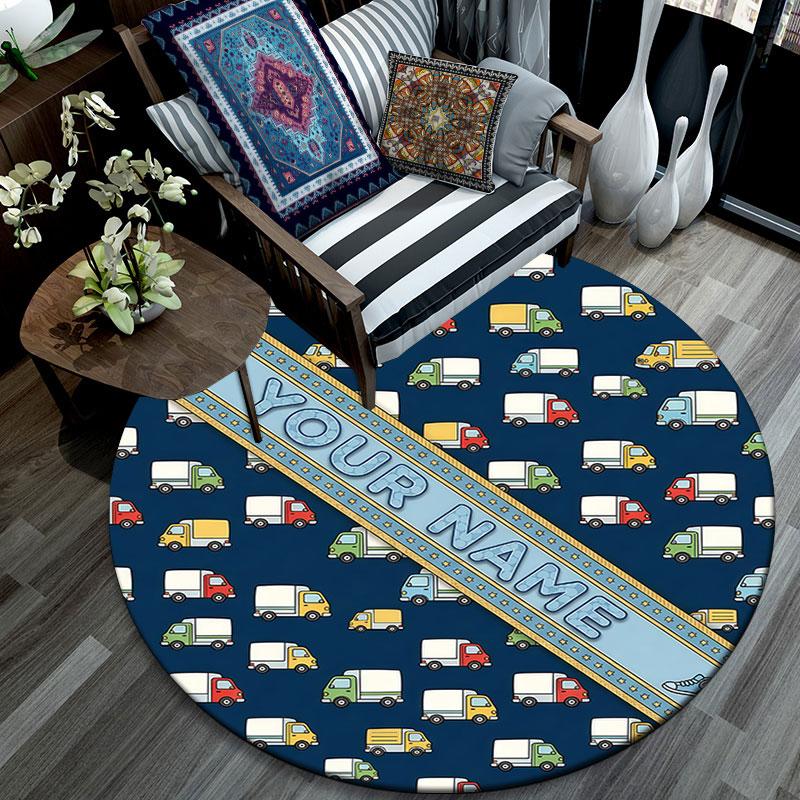 Custom Name,Truck Ribbon Label Doodle Series pattern round rug,Carpet Rug for Living Room Bedroom Playroom ,Non-slip Floor Mat,Holiday Gifts and Birth