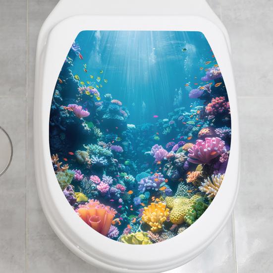 Non Fading Home Bathroom Ornaments Sea World Toilet Sticker, Easy Peel & Stick Seat Lid Washable Bowl Decorations Decal, Ocean Landscape Wall Stickers