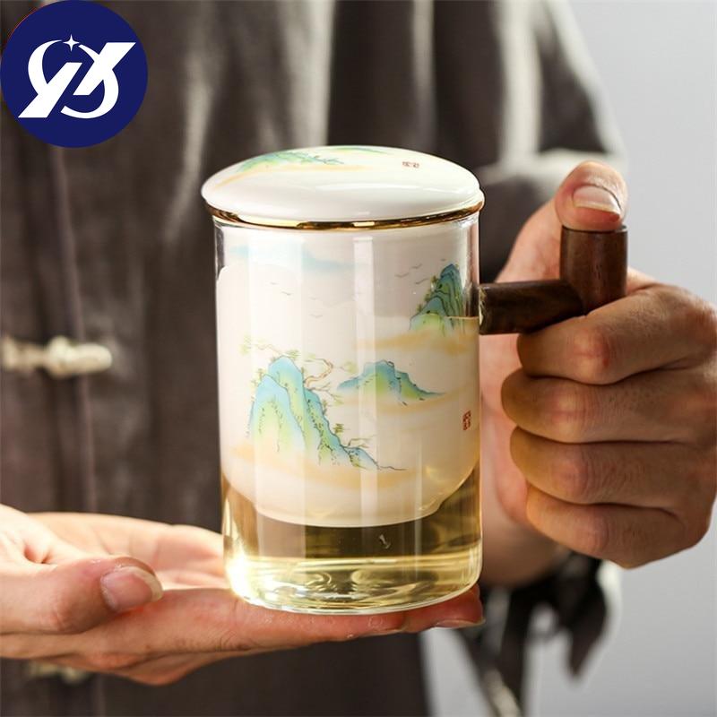 Креативная стеклянная чашка для разделения чая, керамическая чашка с фильтром, крышкой и деревянной ручкой, большая емкость, офисная кофейная кружка, посуда для напитков