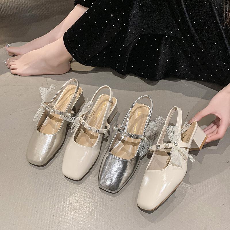 White Mary Jane Sandals Female 2025 New Fairy Style Bag Head Thick Heel Pearl Ribbon with Skirt High Heels