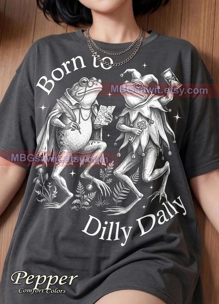 Born To Dilly Dally Frog Toad Funny Animals Comfort Colors® Tshirt, Amphibian Lover Vintage Engraving Jester Scholar Humor Tee