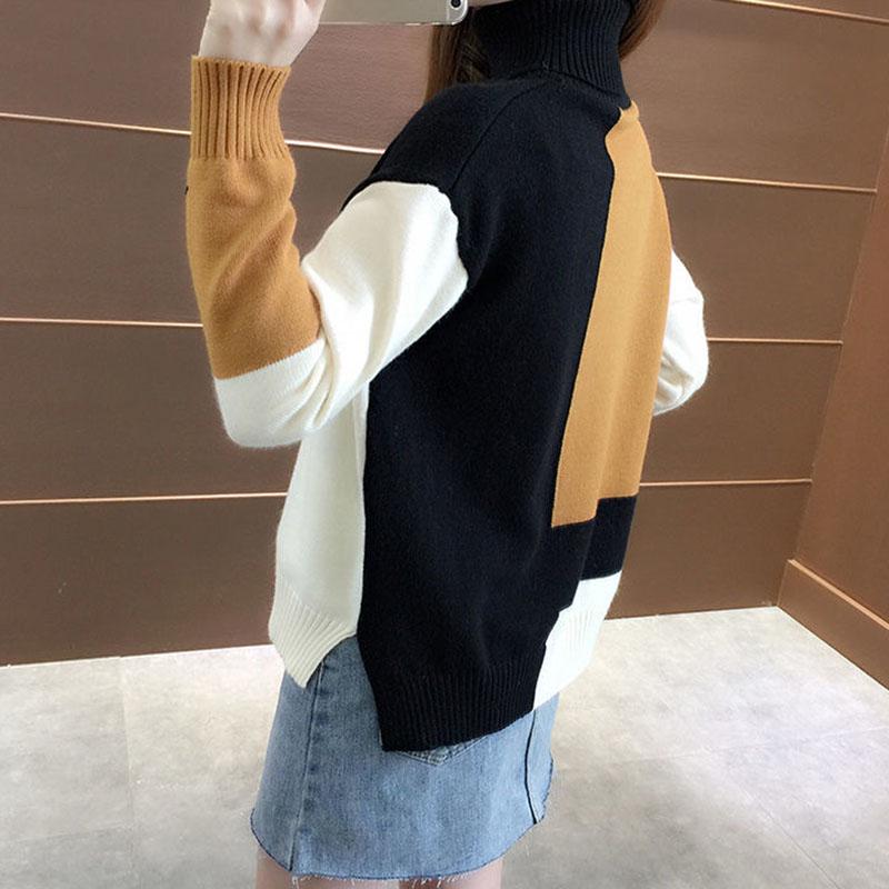 Женский вязаный пуловер, свитер, осень-зима, теплая водолазка, вязаная одежда, пуловер с цветными блоками, свободный повседневный пригородный пуловер