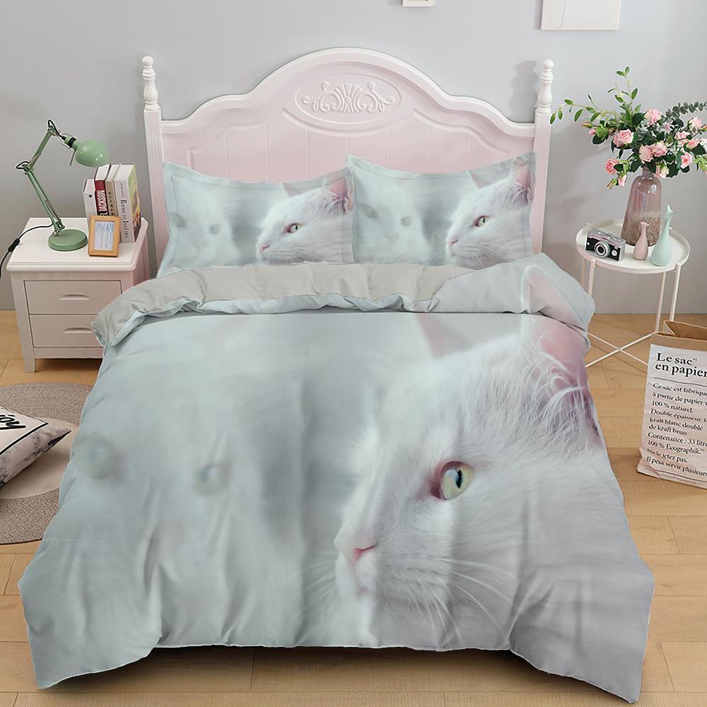White Cat King Queen Duvet Cover Kawaii Pet Kitty Bedding Set For Kids Teens Adults Family Animal 2/3pcs Polyester Quilt Cover
