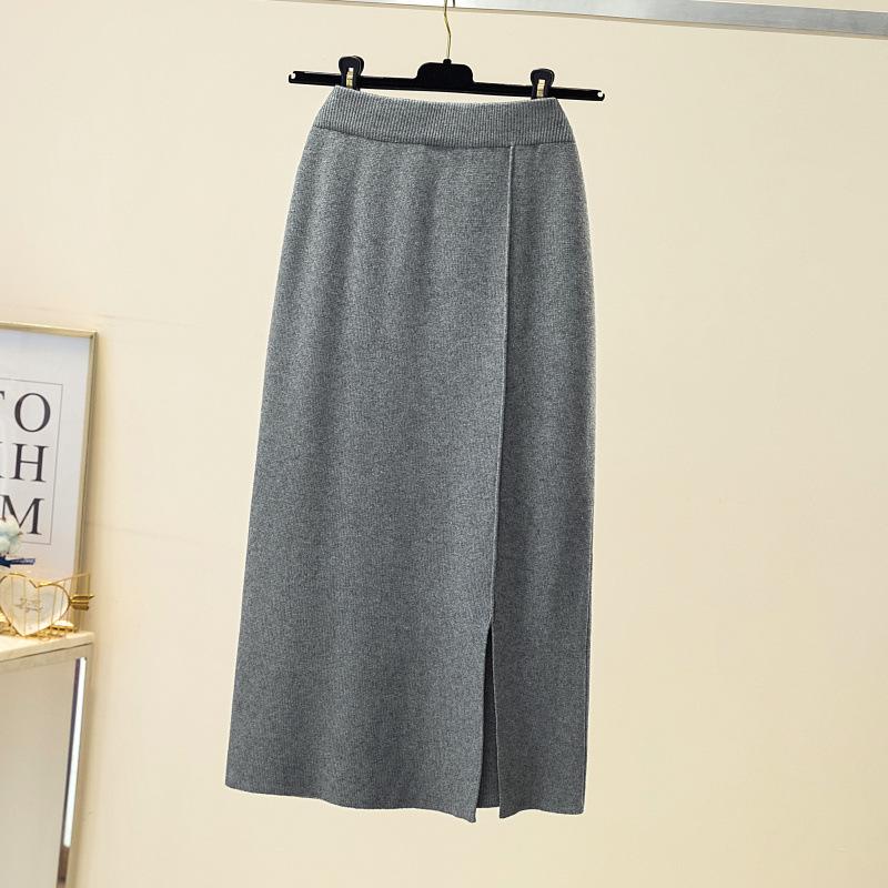 DX~~ Осень и зима, новая однотонная тонкая трикотажная юбка средней длины с высокой талией и юбкой с разрезом на бедрах, пригородная юбка