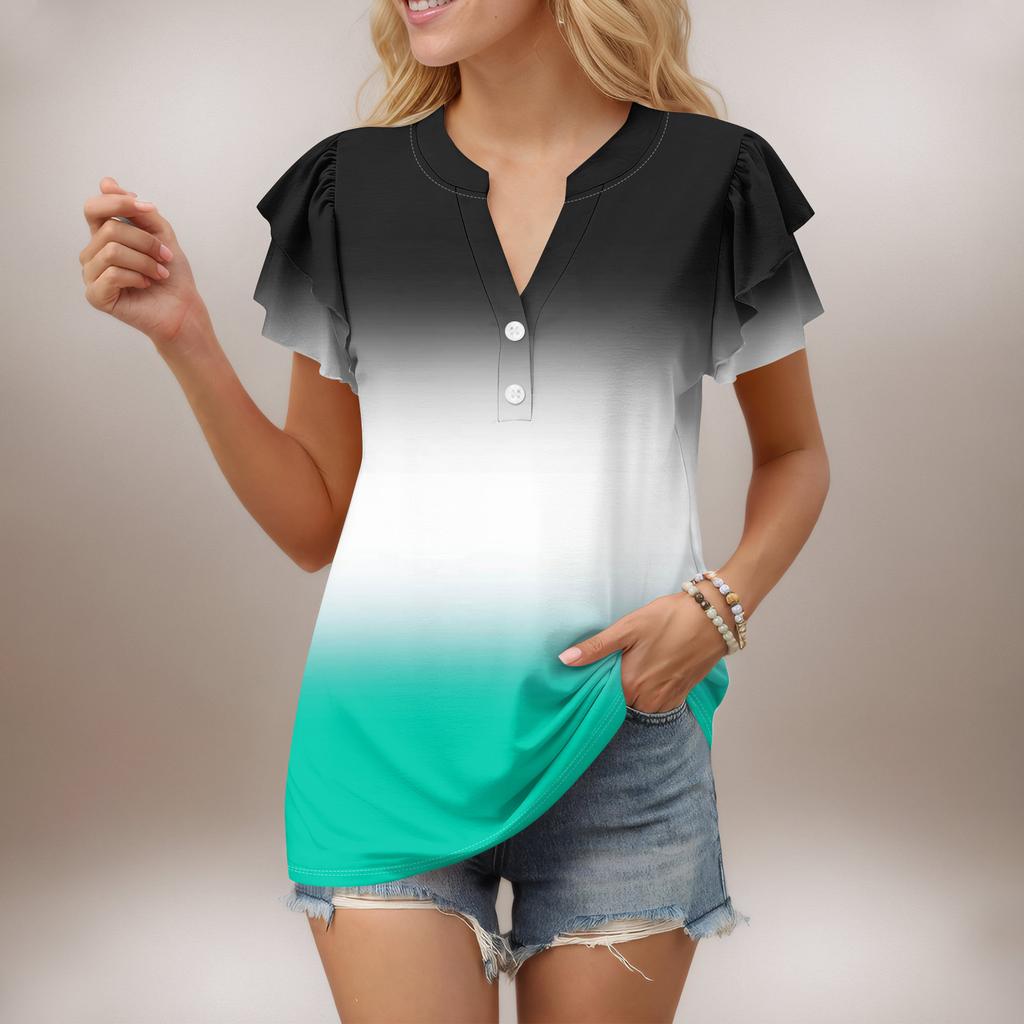 Женский повседневный топ с короткими рукавами и V-образным вырезом, с оборками и градиентом