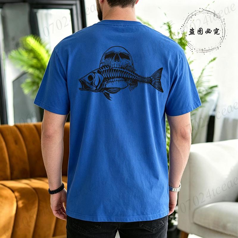 Skull Fish Skeleton Print T Shirt Unisex Oversized Short Sleeve Tee Vintage Fishing Graphic Outdoor Fisherunisex Casual Street Tops