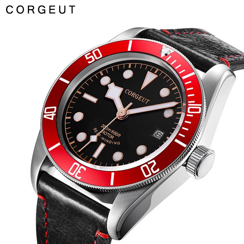 Corgeut 40MM с механизмом NH35 Мужские Автоматические Механические Часы Пилот Тип-B Авиатор Авто Часы Кожаный Ремешок Водонепроницаемые