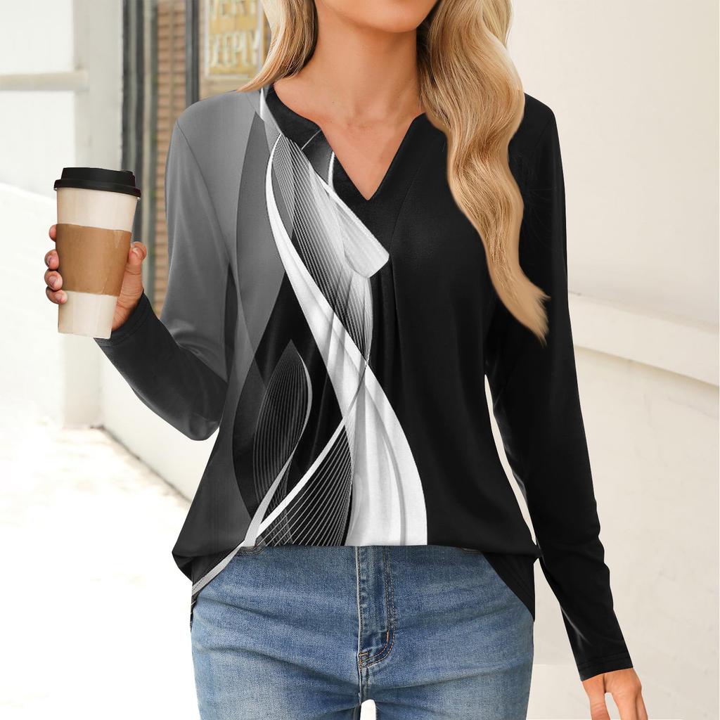 Women's Fashion Casual Long Sleeve Shirt Geometry Printed V Neck Up Tops