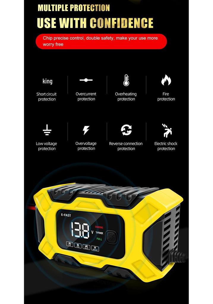 E-FAST 12V Automatic Battery Charger for Motorcycles and Cars