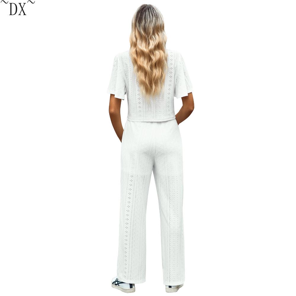 DX - весеннее и летнее новое желание, женский однотонный повседневный вязаный ажурный комплект с круглым вырезом для внешней торговли в Европе и Америке