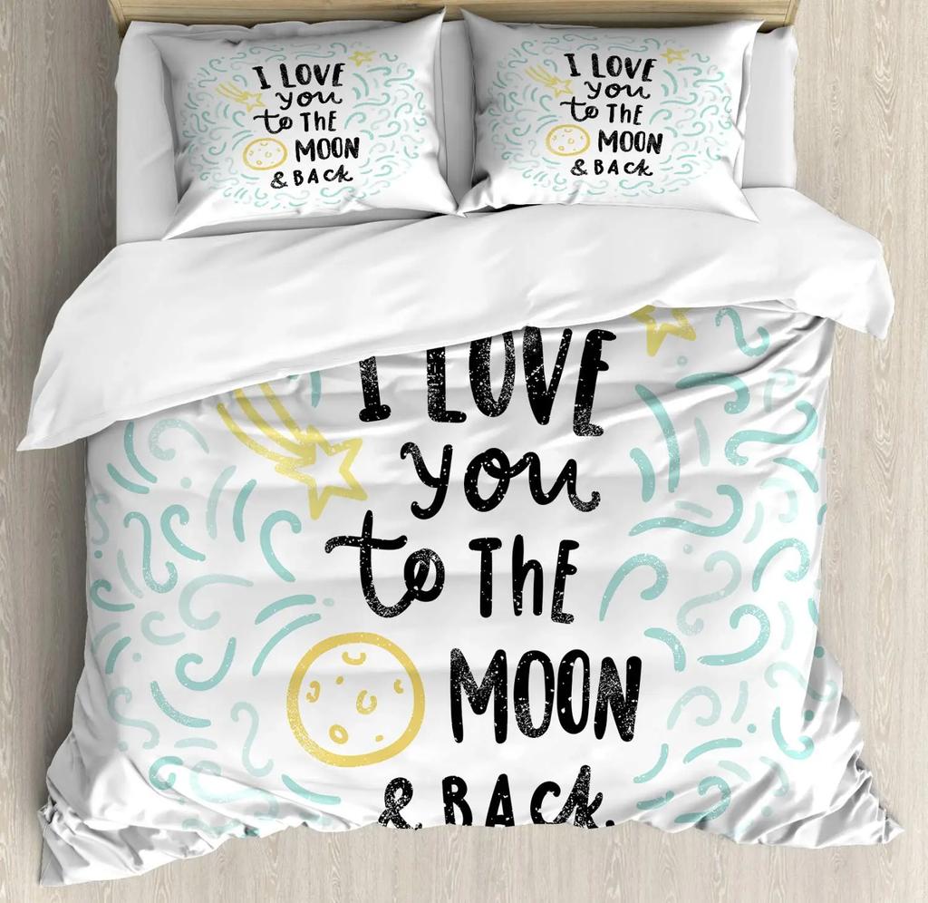 I Love You Duvet Cover Hand Drawn I Love You To The Moon and Back Words with Stars Celebration King Size Polyester Bedding Set