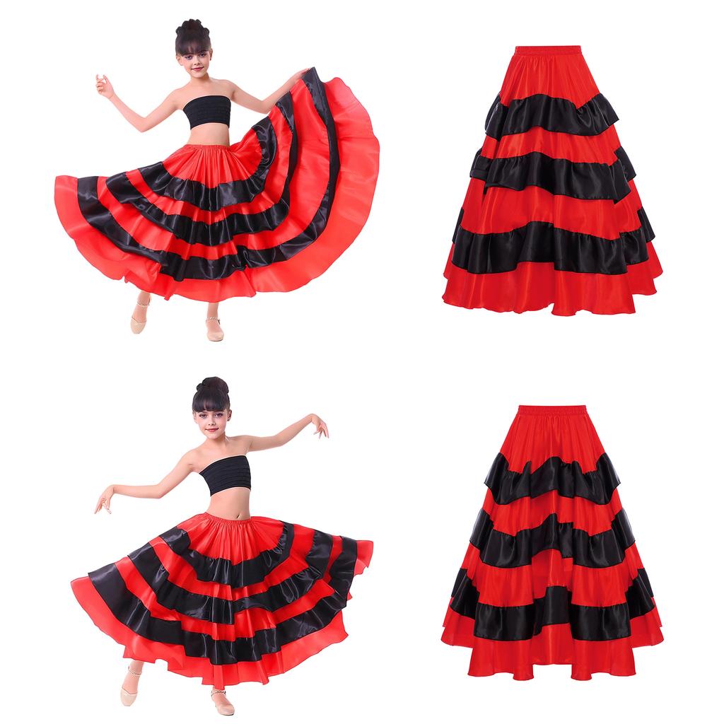Kids Girls Spanish Dance Performance Skirt: Red Black Contrast Color Tiered Ruffles Wide Hemline Satin for Flamenco Ballroom Costume