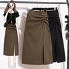 Women’s High-Waisted Black Midi Skirt with Slit – Elegant Draping for Spring and Autumn 2024.