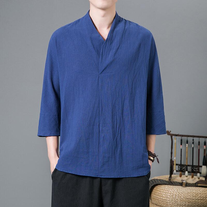 Весна Лето 2025 Новые Футболки в Китайском Стиле Мода Мужские Рукав Три Четверти V-образный Вырез Топы Футболки Мужские Повседневные Однотонные Ханфу