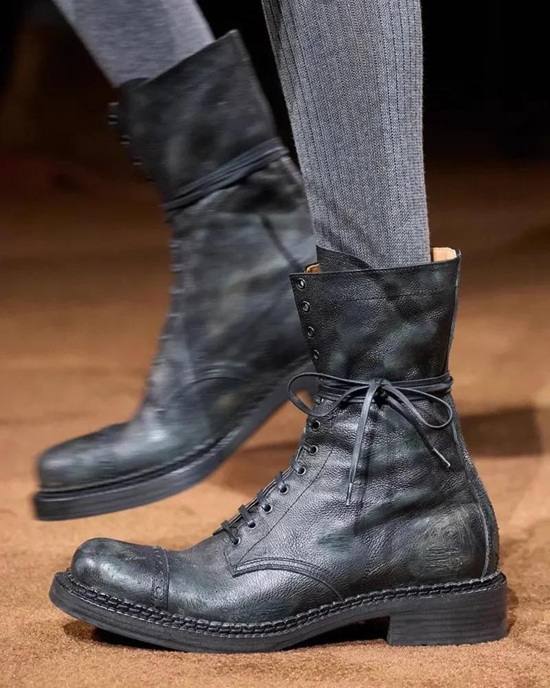 Модные роскошные дизайнерские байкерские ботинки из натуральной кожи женские 2025 массивные ботильоны на платформе для женщин на шнуровке до середины икры ретро рыцарские ботинки