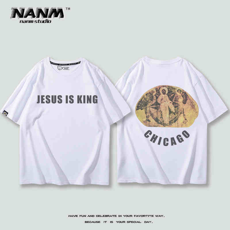 2024 New Fashion KANYE with Short Sleeve T-shirt Boys Kanye Music Festival Three Gods Religious Oil Loose Hip Hop Half Sleeve