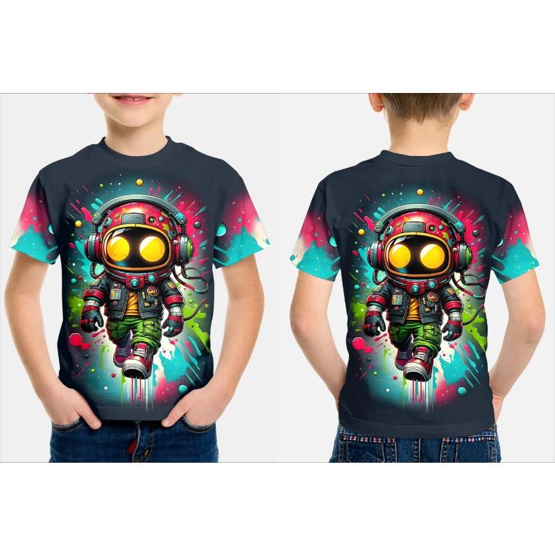 Summer Round Neck 3D Astronaut Graphic Printed Top Fashionable Casual Short Sleeved Children's Boy T-shirts