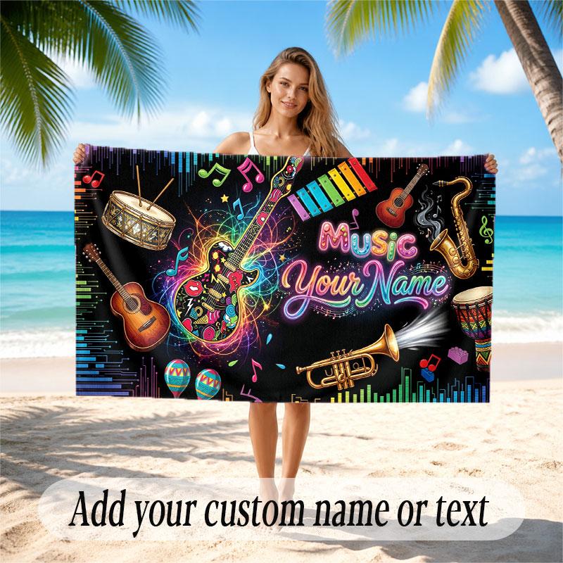 Music General Theme Beach Towel Personalized Custom Name & Text Soft Quick Dry Beach Towel for Swimming Travel