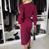 Women Formal Dress Business Style Turn-down Collar Long Sleeve Pure Color Slim Fit Lace-up Cross