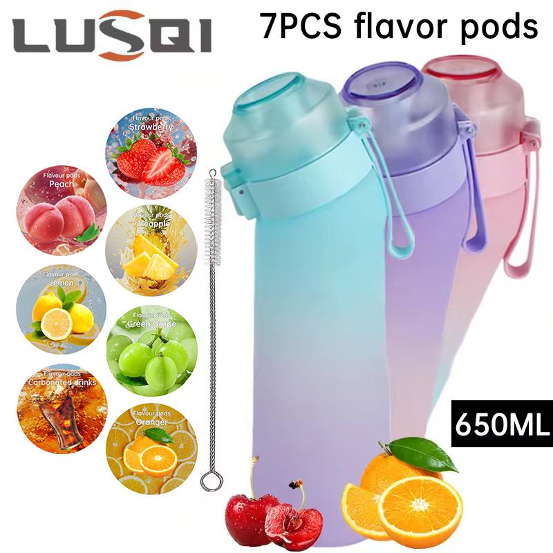 LUSQI 650ml Water Bottle Frosted Gradient High Appearance General Anti-fallv With 7 Flavor Rings And 1 Straw-Brush For Outdoor