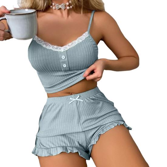 Женский сексуальный пижамный комплект из 2 предметов, ребристый кружевной топ на пуговицах, шорты с оборками по низу, комплект одежды для сна, летняя повседневная домашняя одежда