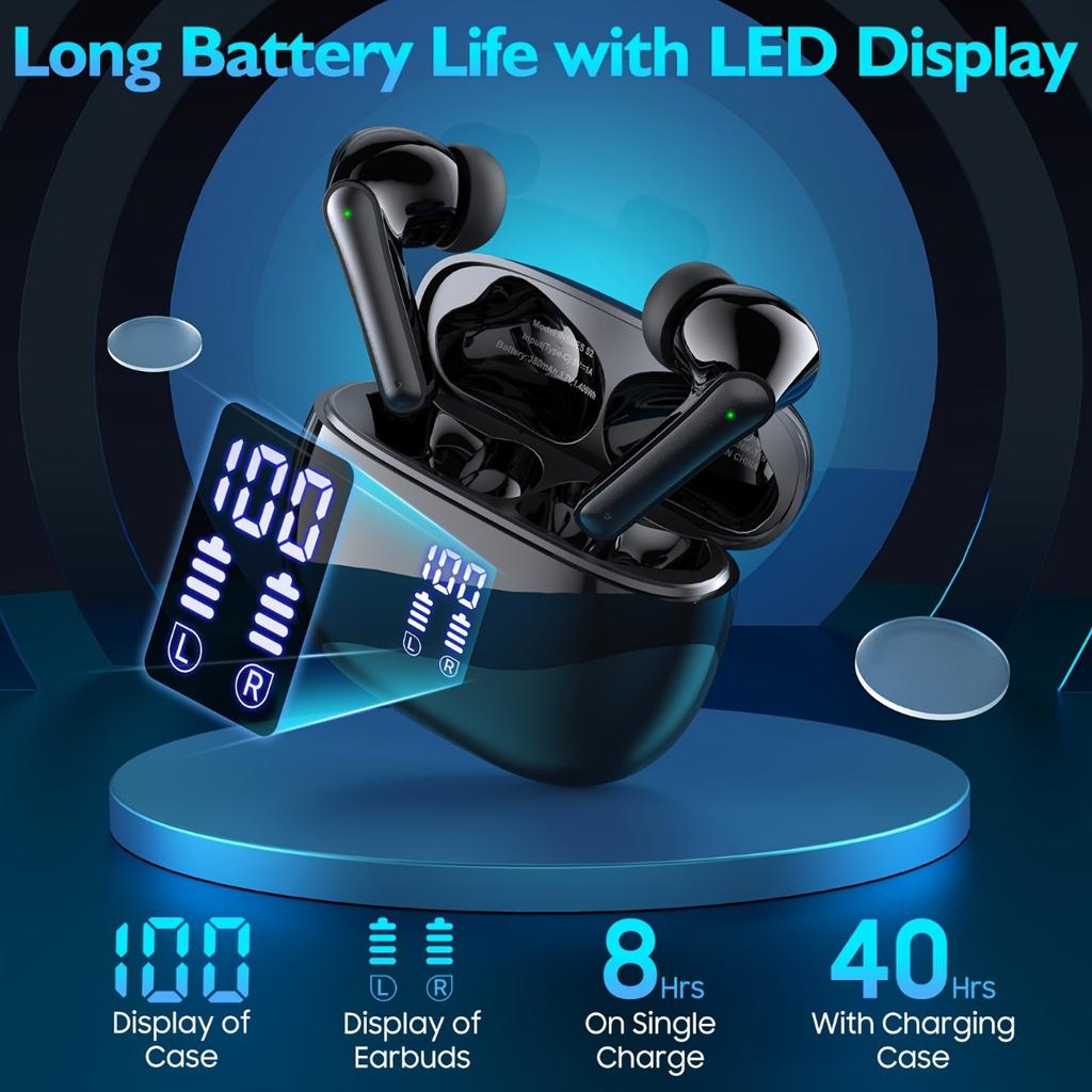 Беспроводные наушники с сенсорным управлением, встроенным микрофоном с шумоподавлением, зарядным чехлом Type-C, 15 часов воспроизведения, 2 часа быстрой зарядки