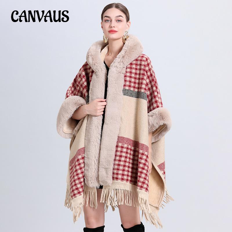 Зимняя женская куртка-накидка с шалью, свободная клетчатая подкладка с утолщенным меховым воротником, вязаная твидовая куртка-шаль с семиточечным рукавом и шляпой