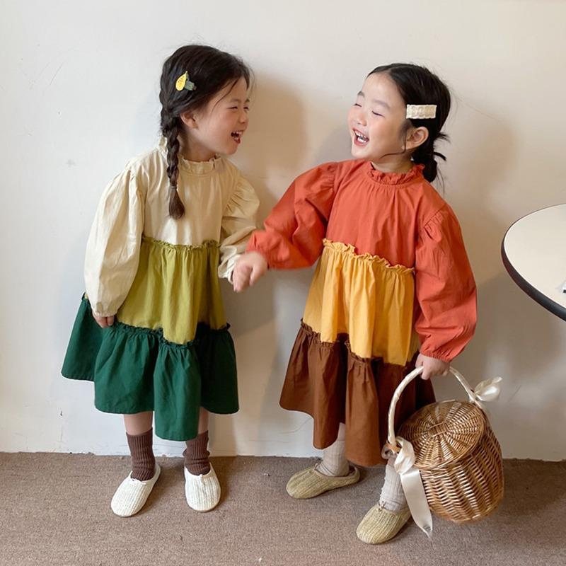 Платье с длинными рукавами для девочек, весна и осень, однотонное лоскутное платье