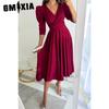 Women's Fashion Spring Autumn Solid Color Print Long Sleeve V-Neck High Waist Casual Dresses