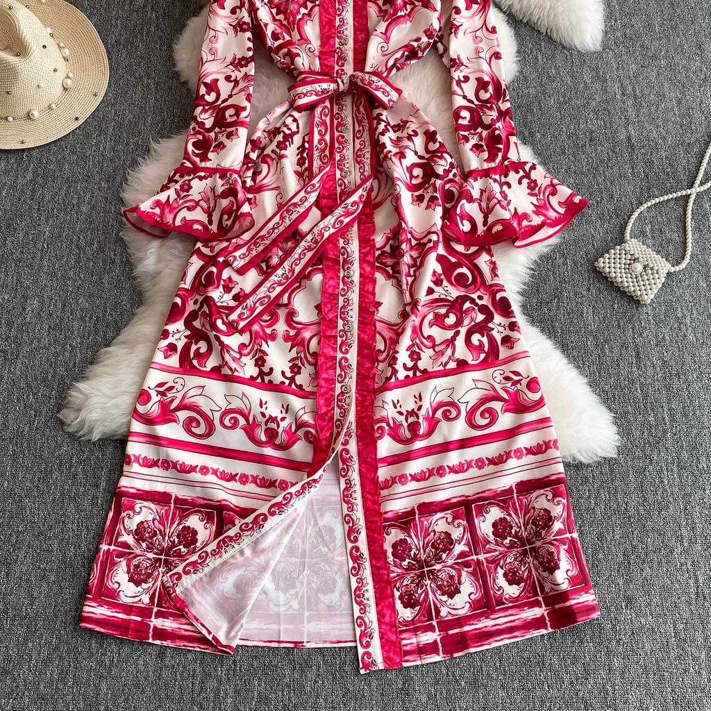 Весна-Осень, желтый, красный, синий и белый фарфоровый халат с принтом, женские вечерние платья с расклешенными рукавами и поясом на шнуровке