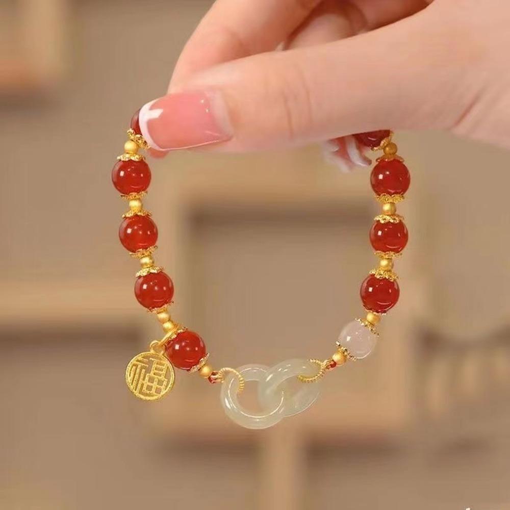 Heart Buckle Chalcedony Bead Bracelet Double Ring Design Bangle Jewelry  Women Accessories
